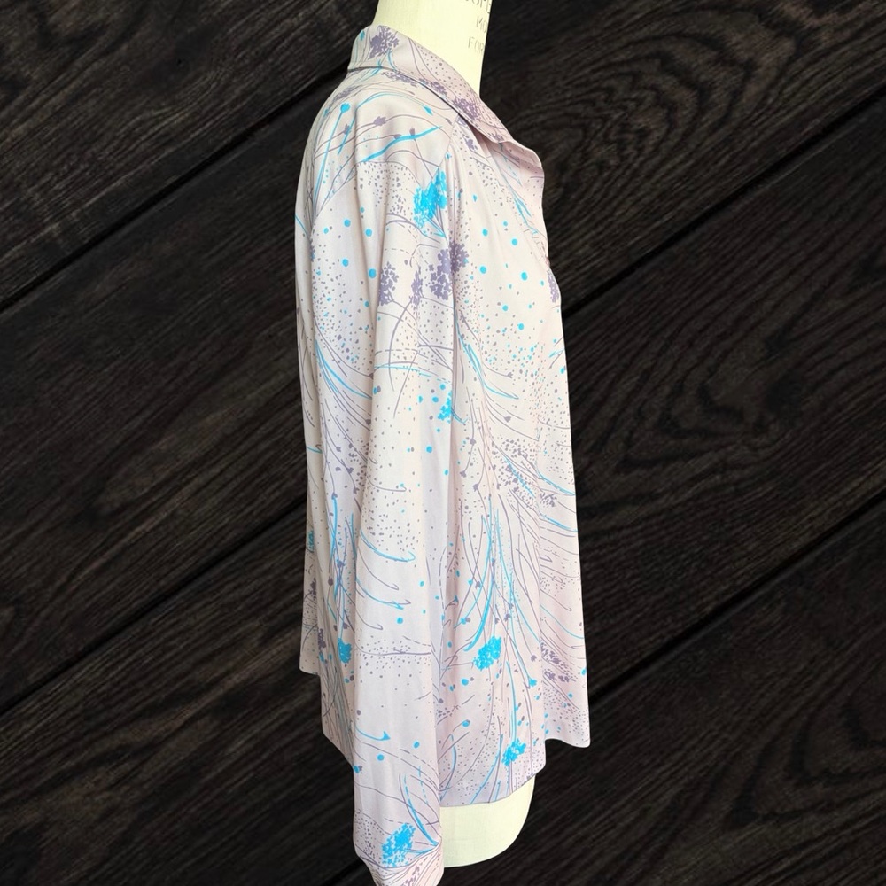 Vintage Lady Koko Purple Blue Floral Satin Blouse Women's Large 70s Grannycore - Picture 3 of 8
